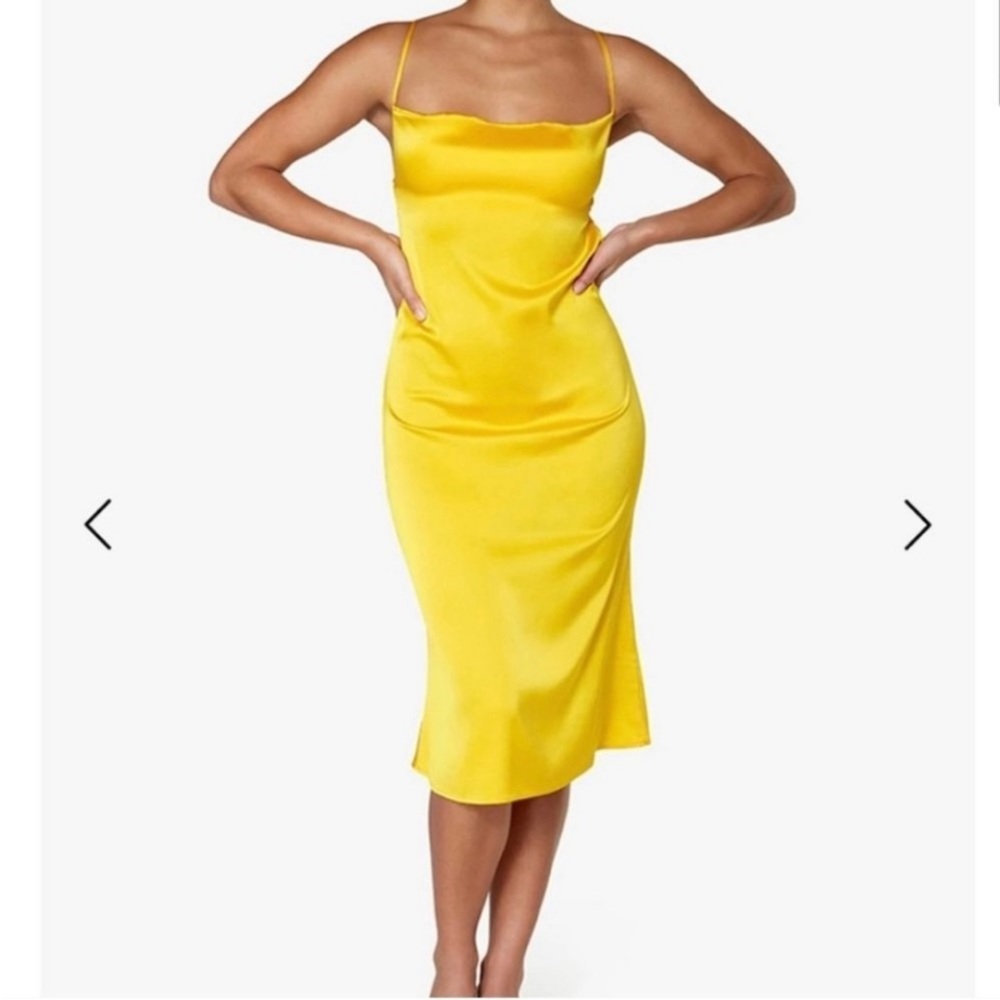 Danielle Bernstein Lemon Yellow Satin Slip Dress NWT Midi Strappy Bias Cut